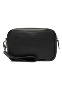 Svart läder rektangulär påse med en texturerad yta, dragkedjestängning och ett avtagbart handledsband. Enkel, funktionell design.