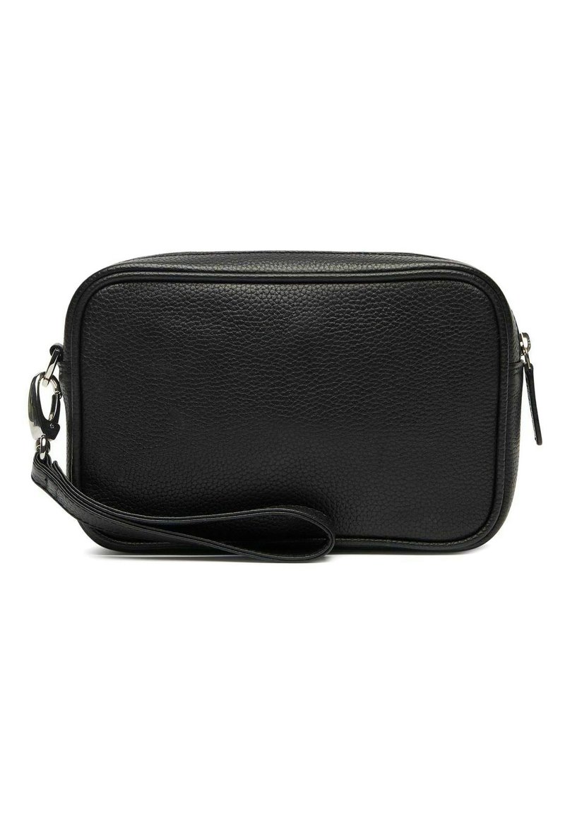 Svart läder rektangulär påse med en texturerad yta, dragkedjestängning och ett avtagbart handledsband. Enkel, funktionell design.
