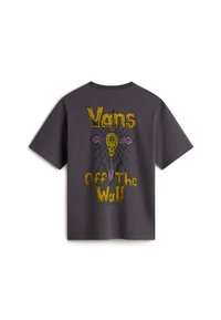 Gray cotton t-shirt featuring a large yellow and purple graphic design on the back with the text "Vans Off The Wall" and a skull.