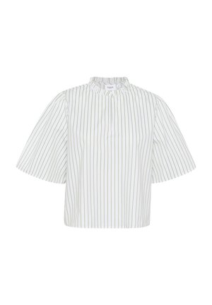 Kurzärmlige Bluse in Weiß mit grünen vertikalen Streifen, mit einem gerafften Ausschnitt und einer lockeren Passform. Glattes Gewebe mit einer klaren Textur.