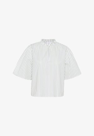 Blusa a maniche corte bianca con righe verticali verdi, caratterizzata da un collo arricciato e una vestibilità comoda. Tessuto liscio con una consistenza fresca.