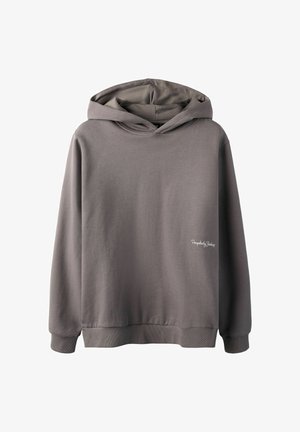 Pilkas ilgomis rankovėmis gobtuvu megztinis su priekyje esančia kišene ir mažu baltu „Perpetuity Studios“ logotipu apatinėje dešinėje pusėje.