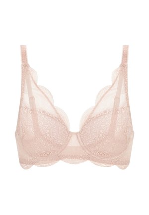 Lace bh in zachtroze met scalloped randen, gedetailleerde bloemenpatronen, verstelbare banden en een gladde onderdraadontwerp.