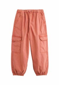 Pantaloni cargo in cotone color rosa polveroso con vita elasticizzata, due tasche laterali e due tasche cargo. Polsini arricciati alle caviglie.