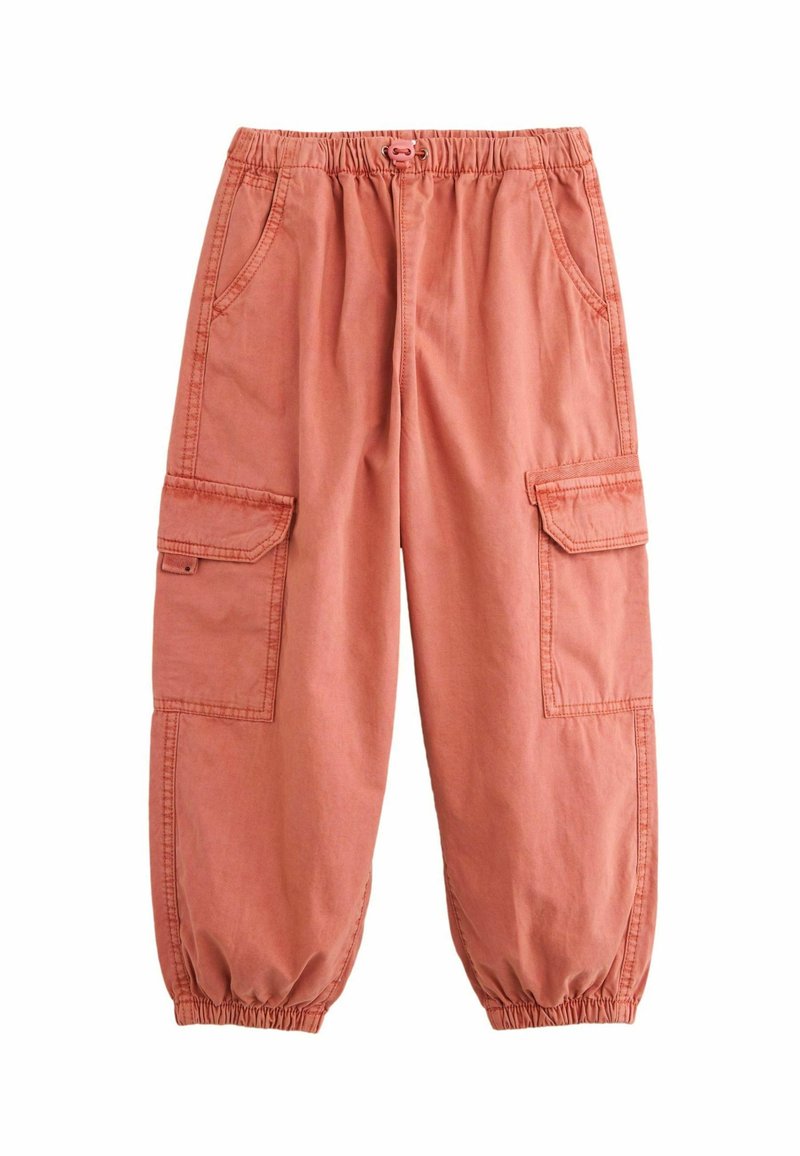 Pantaloni cargo in cotone color rosa polveroso con vita elasticizzata, due tasche laterali e due tasche cargo. Polsini arricciati alle caviglie.