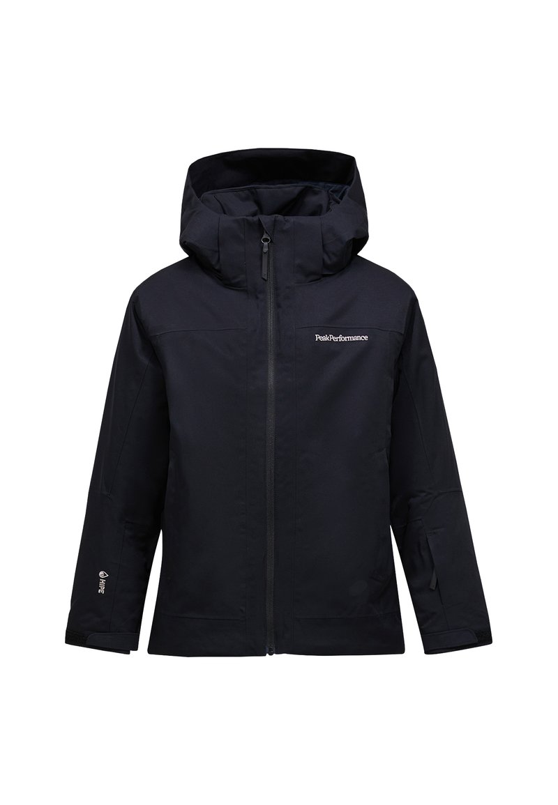 Giacca impermeabile blu navy con zip frontale, cappuccio regolabile e polsini elasticizzati. Il materiale ha una finitura liscia e opaca con un accento del logo.
