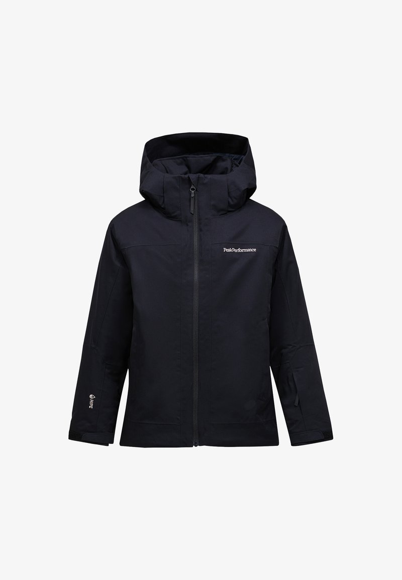 Giacca impermeabile blu navy con zip frontale, cappuccio regolabile e polsini elasticizzati. Il materiale ha una finitura liscia e opaca con un accento del logo.