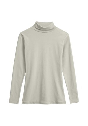 Helles graues, langärmliges Turtleneck-Shirt aus weicher Baumwolle, mit einem gefalteten Kragen-Design und einer schlichten, ungeschmückten Textur.