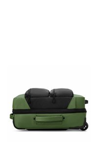Borsa da viaggio verde e nera con ruote, dotata di due scomparti con zip, superficie liscia, manici rinforzati e ruote nere robuste.