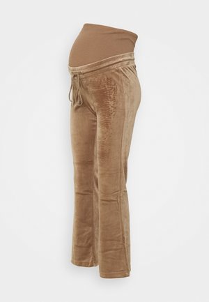 Pantalon de maternité en velours marron doux avec taille élastique et cordon, conçu pour le confort et l’élasticité au-dessus du ventre.