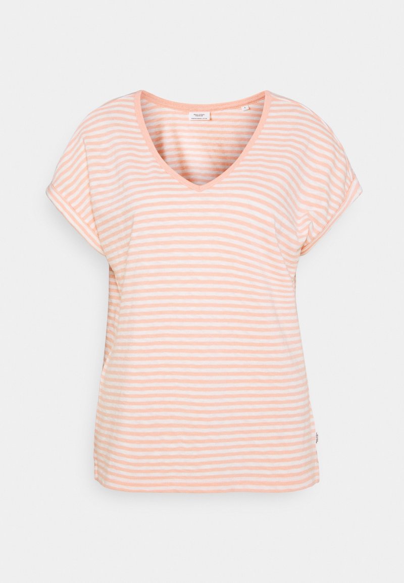 Camiseta de manga corta de rayas en melocotón y blanco con escote en V. Tejido suave con un corte relajado y mangas ligeramente enrolladas.