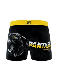 Boxer shorts noirs ornés d'un graphique agressif de panthère avec des accents jaunes et le mot "PANTHER" en lettres blanches et grasses.
