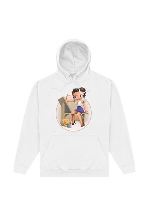Biała bluza z kapturem z kolorową grafiką przedstawiającą dziewczynę z ołówkiem, siedzącą na ławce, otoczoną przyborami artystycznymi.