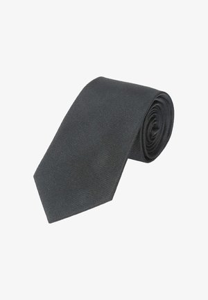 Schwarze Fliege, zusammengerollt, aus einem glatten Stoff mit subtiler Textur gefertigt. Verfügt über eine klassische Form und spitz zulaufendes Ende. Keine sichtbaren Muster oder Akzente.