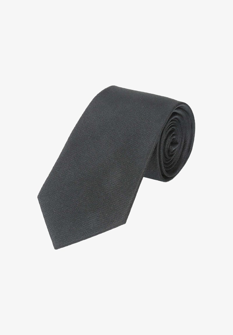 Black tie rolled up, made of a smooth fabric with a subtle texture. Features a classic shape and pointed end. No visible patterns or accents.