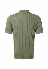 Polo shirt tricot à manches courtes vert à rayures verticales, vu de dos, avec un col replié.