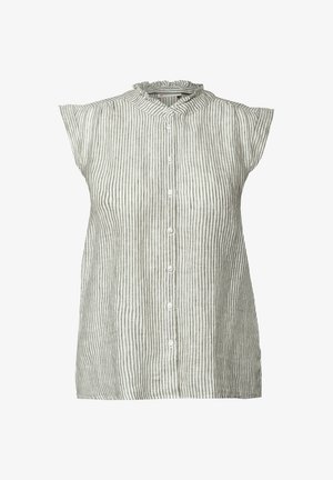 Gestreiftes ärmelloses Hemd in Hellbeige und Dunkelgrau. Verfügt über einen gerafften Kragen und eine Knopfleiste auf der Vorderseite. Hergestellt aus leichtem Stoff.