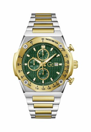 Silberne und goldene Chronograph-Armbanduhr mit grün strukturiertem Zifferblatt, drei Unterzifferblättern, Tachymeter-Lünette und Datumsanzeige bei 3 Uhr.
