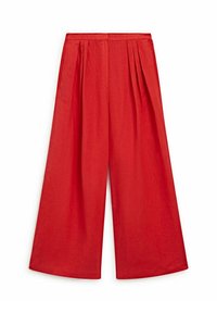Pantalon large rouge en tissu léger, avec une taille haute et des plis devant pour un volume supplémentaire. Ourlets nets et droits.