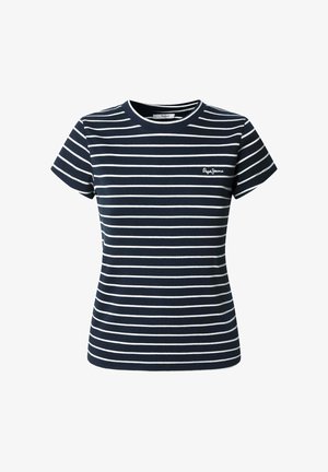 Navy- und weiße gestreifte T-Shirt aus Baumwolle. Mit Rundhalsausschnitt, kurzen Ärmeln und kleinem Logo auf der Brust. Klassische Passform.