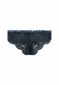 Culottes en dentelle de couleur bleu marine foncé avec une ceinture à motifs floraux, des bords festonnés et un mélange de matériaux transparents et opaques.