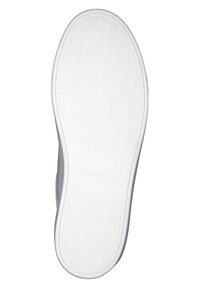 Sole di scarpa in gomma bianca con motivo testurizzato per una presa migliore. Presenta il nome del marchio "Calvin Klein" impresso al centro. Bordo liscio e forme arrotondate.