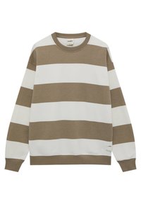 Sweatshirt rayé marron et blanc avec des manches longues, un col rond et un tissu texturé. Présente un petit logo sur le côté inférieur.
