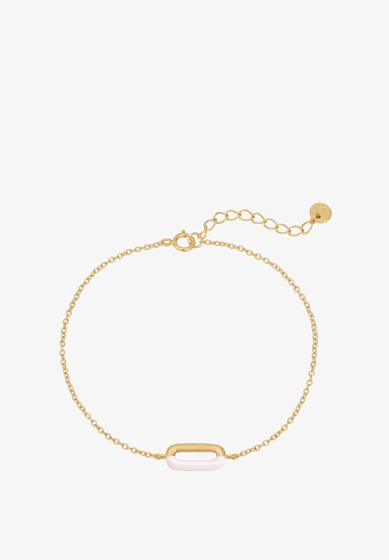 Aukso grandinėlė su ovaliu baltu dervos klinkiu. Išskirtinis dizainas su krabų užsegimu ir reguliuojama grandinė, kad būtų patogiai pritaikyta.