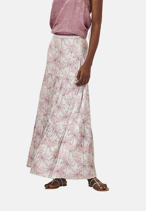 Falda maxi con un patrón floral de palmeras en rosa y blanco. Hecha de tela ligera, presenta una cintura ajustada y niveles fluidos.