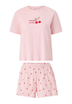 Light pink short-sleeve top and shorts pajama set with red cherry prints and "CHERRY on top" text on the shirt.