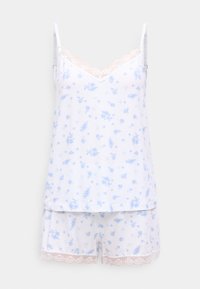 Λευκή πυτζάμα χωρίς μανίκια με μπλε φλοράλ σχέδιο, δαντέλα στη λαιμόκοψη και στο τελείωμα των σορτς, με ρυθμιζόμενους ιμάντες στους ώμους.