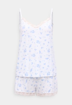 Λευκή πυτζάμα χωρίς μανίκια με μπλε φλοράλ σχέδιο, δαντέλα στη λαιμόκοψη και στο τελείωμα των σορτς, με ρυθμιζόμενους ιμάντες στους ώμους.