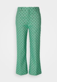 Gröna mönstrade byxor med diamantdesign, med en utsvängd form och medelvikts tyg. Rak front och bälteshällor.