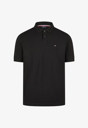 Sort kortærmet polo-shirt med to knapper, lille rød, hvid og blå logo på venstre bryst og en klassisk krave.