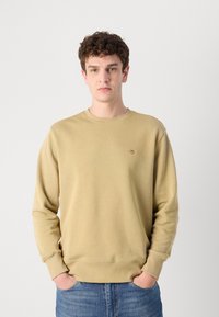 Lichtbruine sweatshirt met ronde hals, gemaakt van zachte stof met lange mouwen en geribde manchetten. Bevat een klein embleem op de borst.