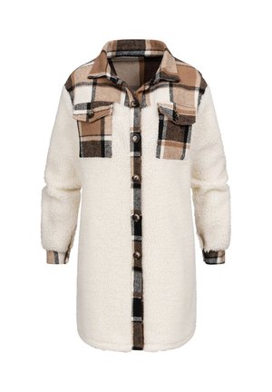 Hosszú krémszínű sherpa dzseki barna és fekete kockás gallérral, mellzsebekkel, gombos záródással és mandzsetta részletekkel.