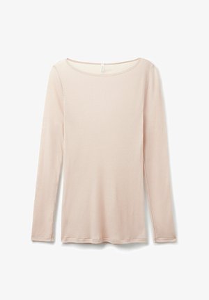 Długi rękaw, jasnoróżowa bluzka z prążkowanej tkaniny. Posiada szeroki dekolt oraz dopasowane rękawy z prostym dołem.