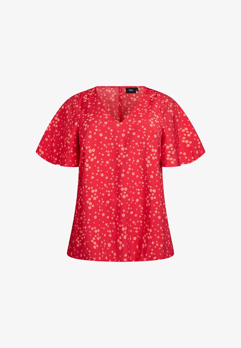 Rdeča cvetna bluza z V-izrezom, kratkimi letečimi rokavi in sproščenim krojem. Ima majhne bež cvetlice na živahnem rdečem ozadju.