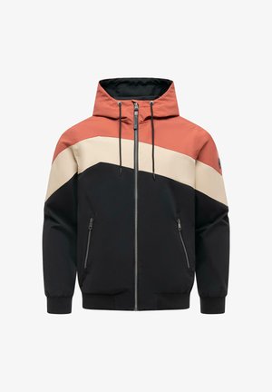 Veste à capuche zippée avec blocs de couleur en terre cuite, beige et noir, équipée de cordons de serrage et de deux poches avant zippées.