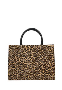 Borsa a spalla rettangolare con tessuto a stampa leopardata e manici neri arrotondati su sfondo bianco.