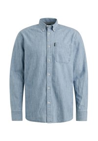 Camisa de botones de color azul claro hecha de tela de chambray, con un bolsillo en el pecho, cuello clásico y mangas largas. Textura suave.