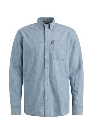 Lichtblauw Overhemd van chambray materiaal, met een borstzak, klassieke kraag en lange mouwen. Glad textuur.