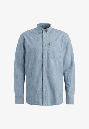 Camicia button-up azzurro chiaro in tessuto chambray, con taschino sul petto, colletto classico e maniche lunghe. Texture liscia.