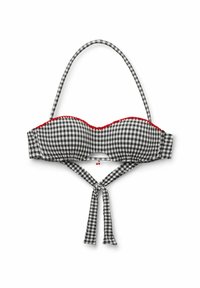 Top de bikini bandeau de cuadros en blanco y negro con ribete rojo, que cuenta con tirantes ajustables y un detalle en la parte trasera atado con pequeños acentos decorativos.