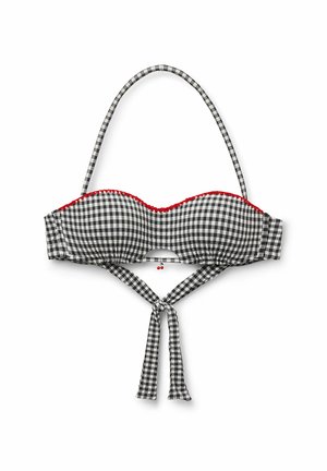 Zwart-wit geruit bandeau bikini top met rode accenten, voorzien van verstelbare bandjes en een strikdetail op de rug met kleine decoratieve elementen.