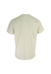 Light beige cotton t-shirt, short sleeves, crew neckline, smooth texture, no embellishments or patterns, displayed from the back.