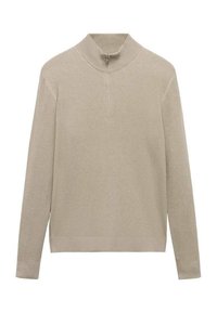 Beżowy sweter z prążkowanej dzianiny z wysokim kołnierzem, pół-zamkiem z przodu i długimi rękawami. Miękka struktura oraz dopasowane mankiety u dołu i przy rękawach.