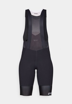 Fekete kerékpáros bibnadrág hálós panelekből, csíkos textúrával, párnázott ülésrésszel és logó részletekkel. vállpántokkal a fokozott támasz érdekében.