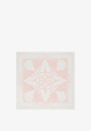 Kwadratowa chusta o symetrycznym, jasno-różowo-białym wzorze z ozdobnymi kształtami i detalami przypominającymi łańcuch na jasnym tle.