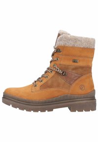 Bota de senderismo de cuero marrón con puño de fieltro, diseño con cordones, panel lateral texturizado y suela de goma resistente con un patrón de banda de rodadura prominente.